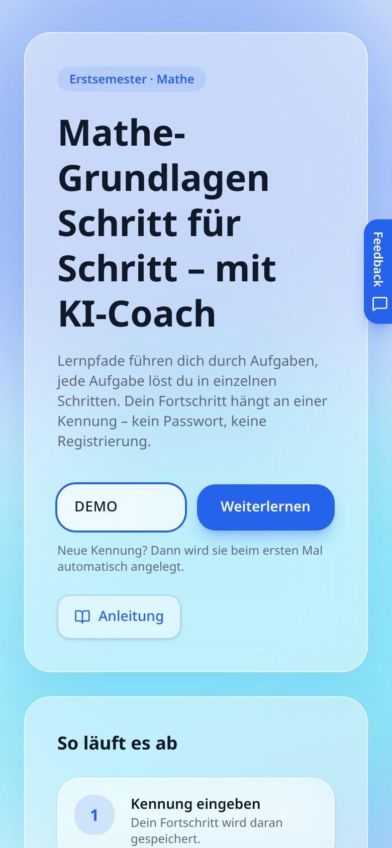 Startseite am Handy mit Kennungsfeld DEMO, Knopf Weiterlernen und Link zur Anleitung