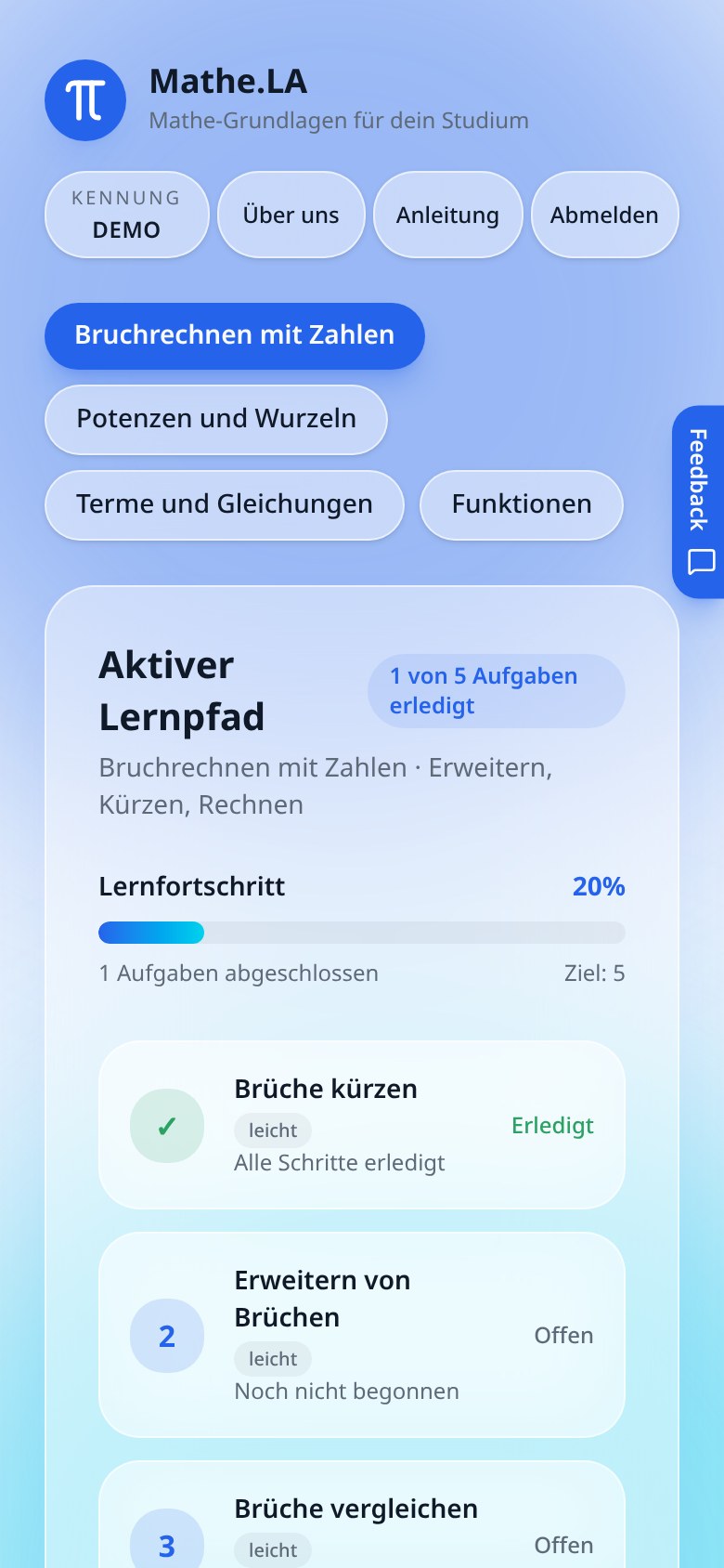 Lernpfad-Auswahl am Handy mit der Kennung DEMO in der Kopfzeile