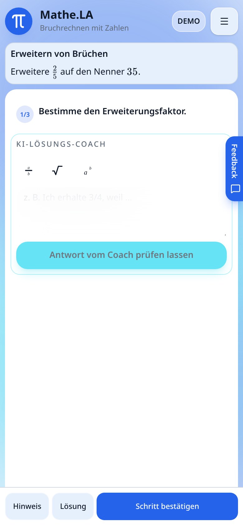 Coach-Eingabe am Handy mit Bruch-, Wurzel- und Potenz-Knopf