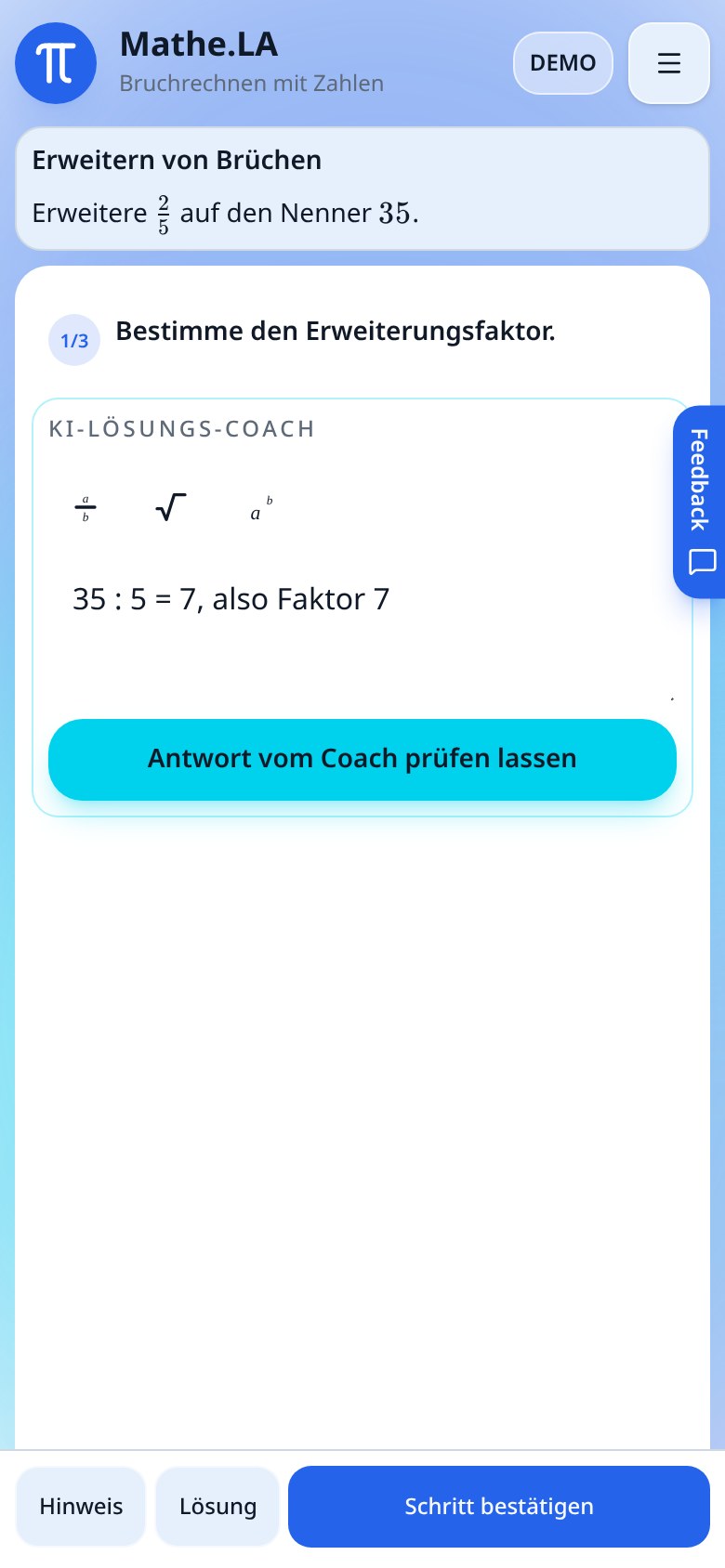 Coach-Eingabefeld am Handy mit Antwort und Knopf zum Prüfen