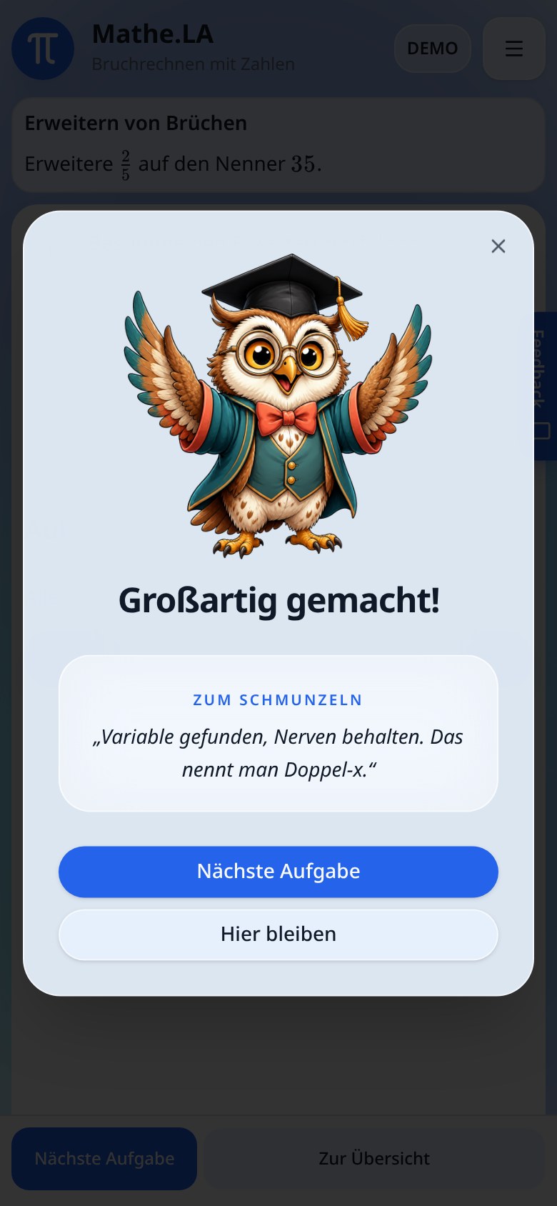 Gratulation am Handy nach allen Schritten mit Knopf Nächste Aufgabe